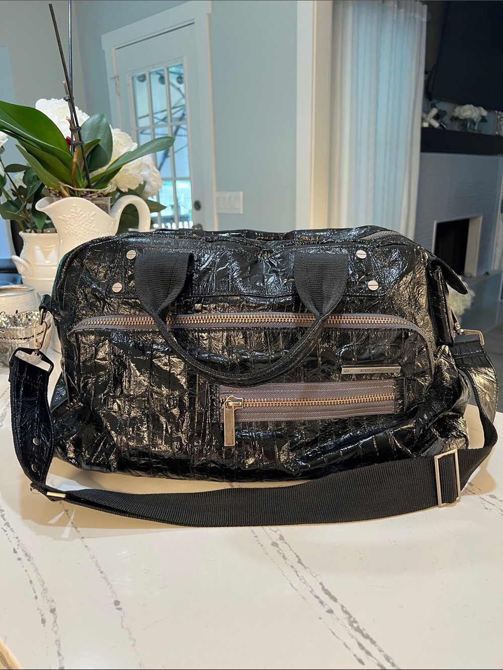 Matt & Nat Unisex Vegan Leather Black Glossy Textured Duffel W/Adjustable Strap